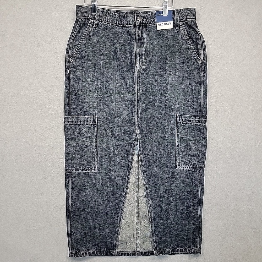 NWT Old Navy Mid-Rise Maxi Drapey Denim Jean Skirt Column Cargo Front Slit Sz 8